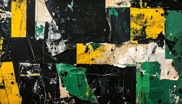 Highly detailed vintage black and green grunge collage background, abstract textures and shapes, layered torn paper, old photographs edges, yellowed newspaper fragments, rough brush marks.