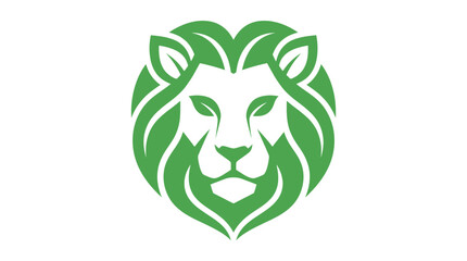 Green lion head logo with leaf mane nature icon. © Nmm
