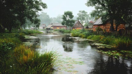Fototapeta premium realistic countryside village beside river during soft drizzling rain, immersive cloudy weather atmosphere with detailed greenery and cinematic editorial composition, real photo, stock photography