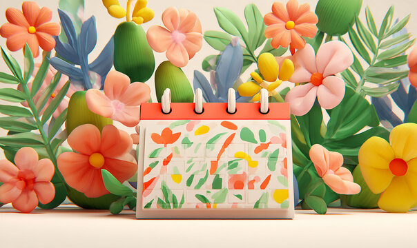 3D Pixar Style Spring Calendar with Vibrant Colorful Flowers and Green Leaves, Cute Floral Seasonal Illustration, Cartoon Nature Design, Blooming Spring Decoration made with generative AI