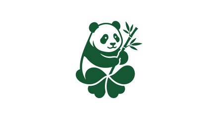 Green panda mascot sitting with bamboo and clover. © Nmm