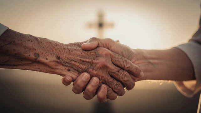 Close up of elderly hands holding each other with blurred cross in background symbolizing support and faith