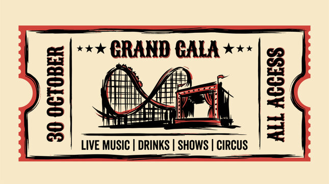 Grand gala vintage ticket. Circus roller coaster design. Retro event flyer.. Carnival grand gala t