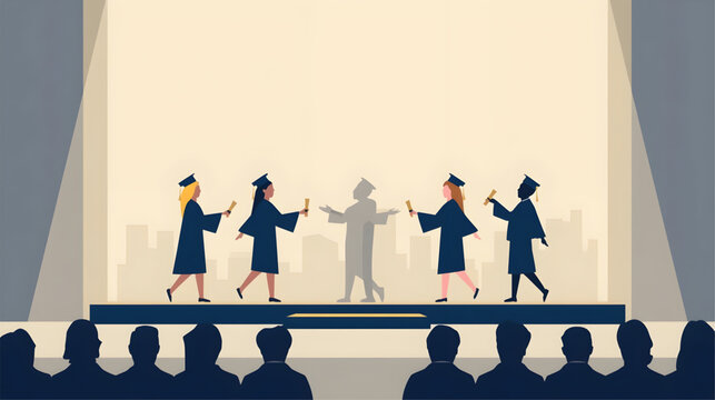 Graduates celebrate on stage with friends during a ceremony indoors