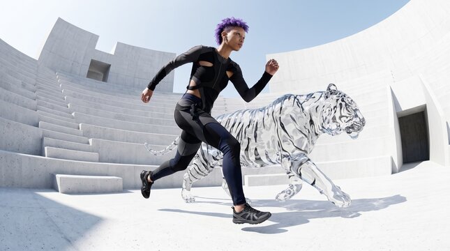 Woman Running with White Tiger in Urban Landscape