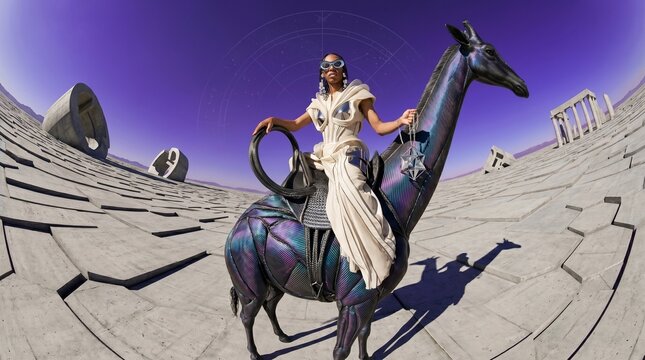 Woman Riding Futuristic Giraffe in Surreal Landscape