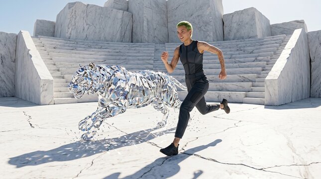 Woman Running With Digital Tiger in Futuristic Setting