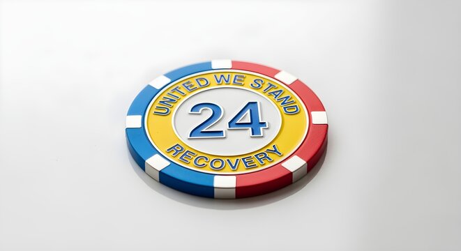 A colorful 24-hour chip from a recovery program placed on a white surface.