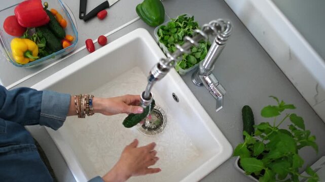 Woman Washing Cucumbers Over The Kitchen Sink