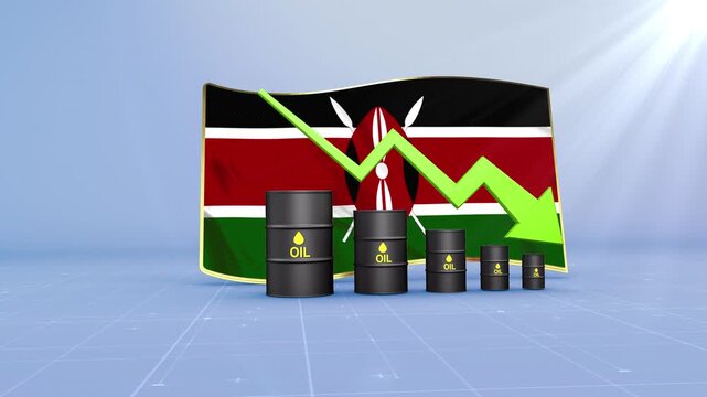 Kenya Oil Price Falling with Oil Barrels Downward Green Arrow and 3D Financial Data Visualization Graphs for Economy and Business Concept