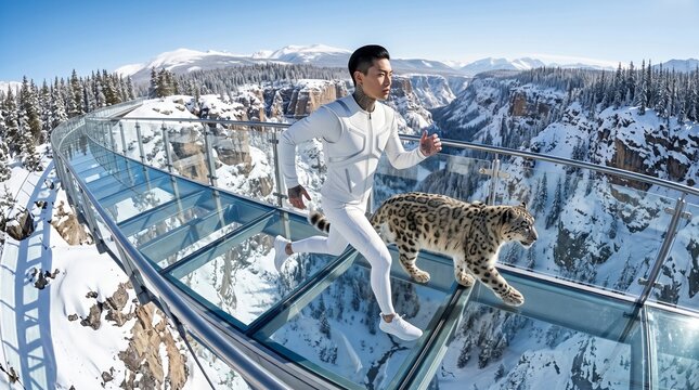 Man Running with Snow Leopard on Glass Skywalk Mountain