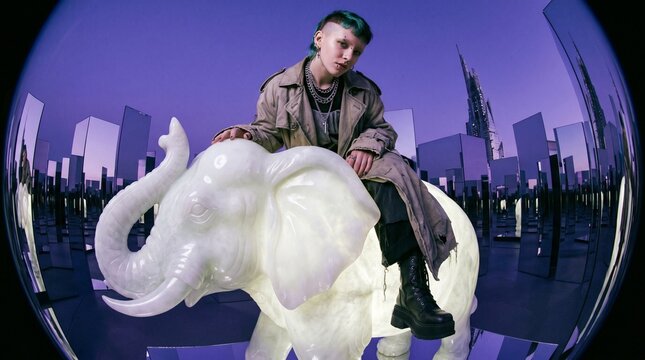 Young Person Posing with White Elephant Statue Urban Backdrop