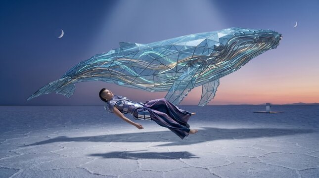 Woman Floating With Ethereal Whale Above Ocean at Twilight