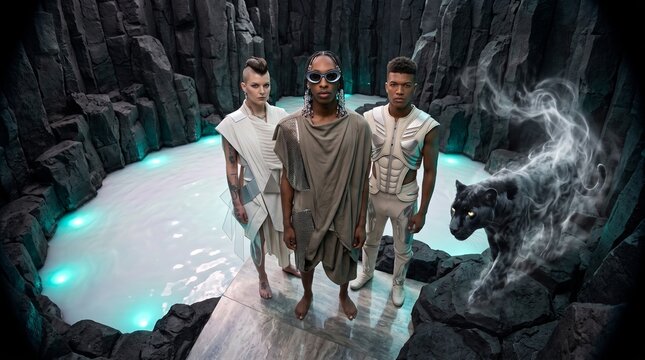 Futuristic Team in Mystical Cave with Glowing Water