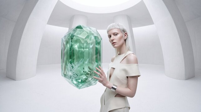 Woman Holding Large Green Gemstone Crystal