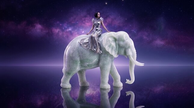 Woman in Silver Gown Riding White Elephant Under Starry Sky