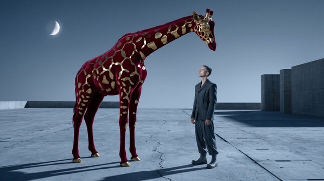 Man Gazing at Surreal Red Giraffe Under Moonlight