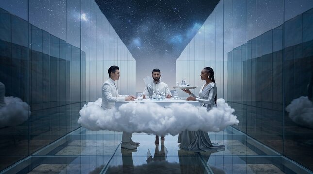 Business Team Meeting in Futuristic Cloud Office Space