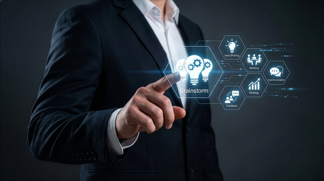 A business brainstorm and creative thinking for strategic planning and idea sharing helps leadership by businessman visualizing solutions on digital interface with futuristic tech and virtual screen.