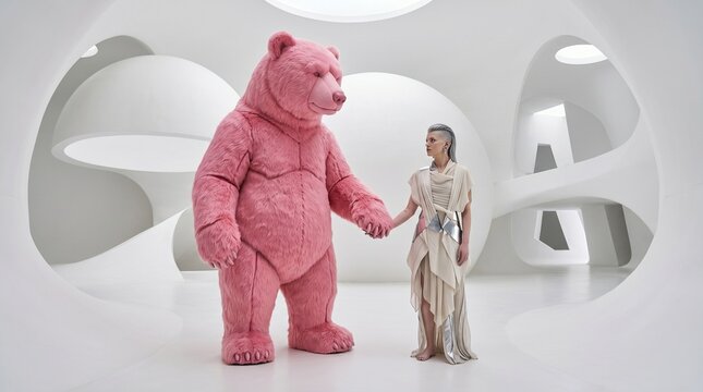 Woman Walking With Pink Bear in Surreal Modern Space