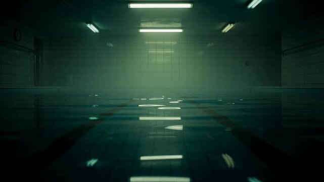Indoor swimming pool with calm water and moody lighting in a tiled room