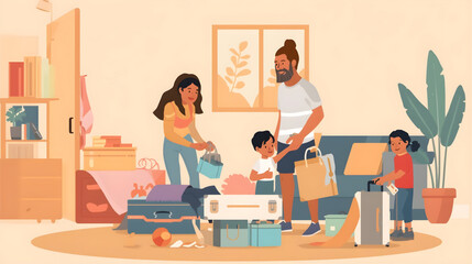 Fototapeta premium Family packing luggage and boxes in living room for travel