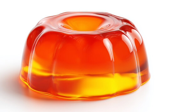 Orange gelatin dessert. Amber jelly ring with glossy translucent texture isolated on white background. Fruit flavored gelatin dessert and sweet confectioner