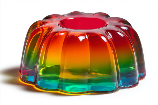 Rainbow gelatin ring. Layered rainbow jelly with tall fluted mold isolated on white background. Colorful gelatin dessert and sweet confectionery