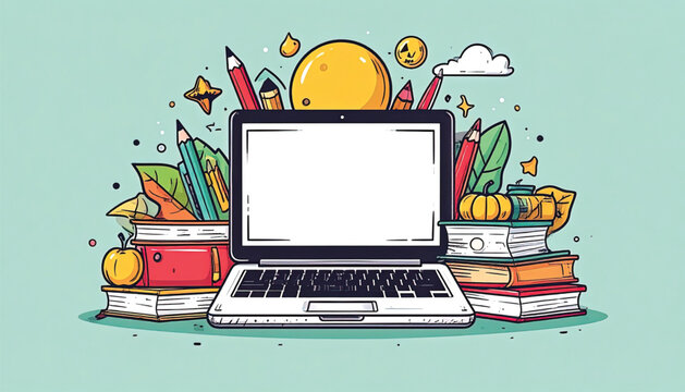Laptop surrounded by school supplies.