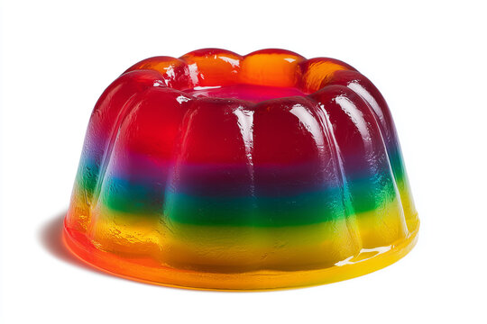 Rainbow jelly dessert. Colorful layered gelatin dessert isolated on white background. Sweet jelly confectionery and colorful gelatin food
