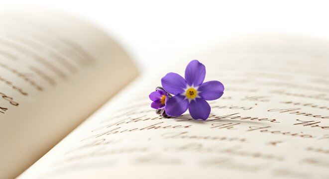 A purple (awareness color) forget-me-not flower lying on a page of a journal with faded handwriting, on white.