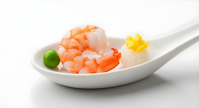 A shrimp, a pea, and a grain of rice with a tiny piece of egg, on a white spoon.