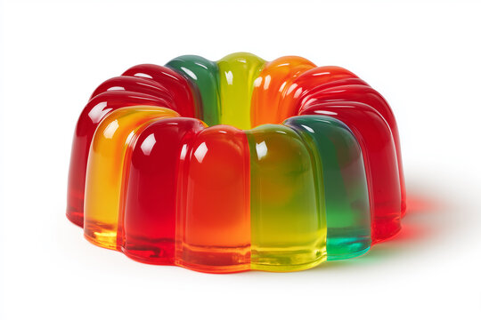 Sweet rainbow jelly. Small colorful gelatin bundt dessert isolated on white background. Individual rainbow jelly and sweet confectionery