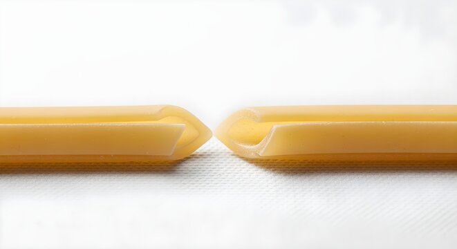 A single strand of dried linguine pasta broken in half, on a white textured background.