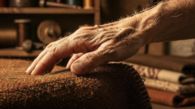 Close up of elderly hand touching textured wool fabric showcasing craftsmanship and traditional textile work
