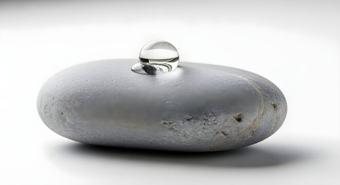 Rriver-worn stone and a fresh water droplet, on a white surface.