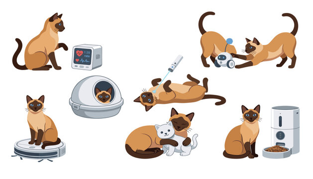 Siamese cat transparent cat vector set, smart pet tech gadget collection, cute kitten playing with laser pointer and robot toy icons, automated feeder and litter box elements.