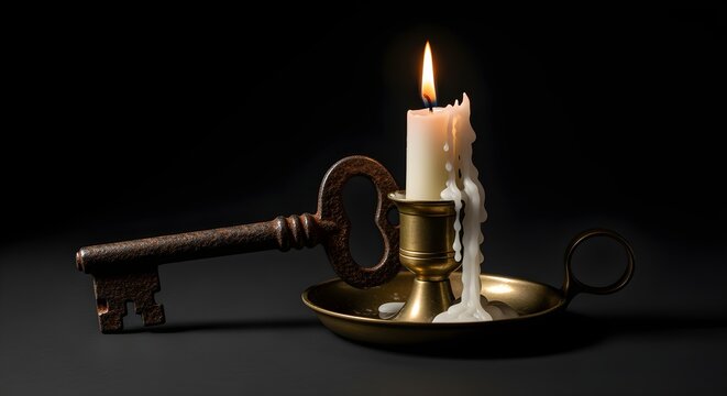 An old, rusted skeleton key and a lit candle in a holder, on a black background (treated as white space for contrast).