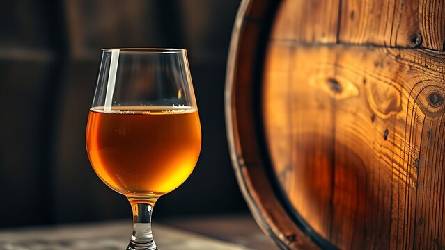 Tulip-shaped glass of amber liquor beside an aged wooden barrel in warm light.