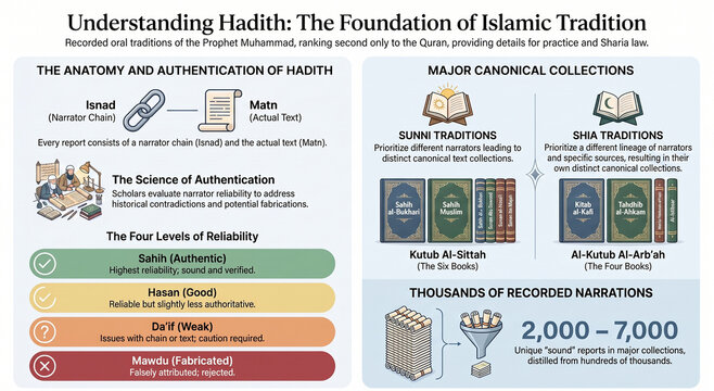 Educational infographic explaining Hadith, its authentication process, reliability grades, and major Sunni and Shia collections.