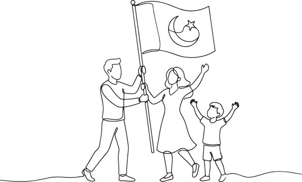 Continuous line drawing of a happy family holding a national flag with crescent and star.