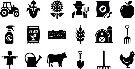 Vector solid glyph icon set featuring agriculture and farming symbols including tractor farmer barn cow chicken seeds sunflower and garden tools © Khairul