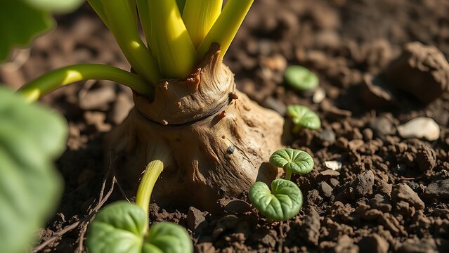 Extreme close-up of a maca plant focusing on its thick, textured root.