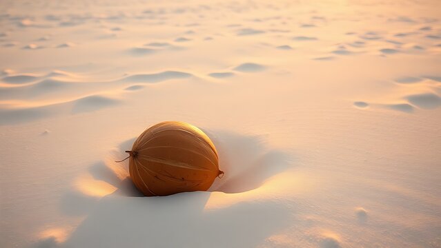 A brown coconut resting in soft sand under warm sunset light.
