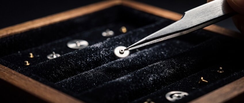 A close-up shot of a watchmaker's hands using tweezers to meticulously adjust a tiny gear in a watch movement