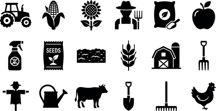 Vector solid glyph icon set featuring agriculture and farming symbols including tractor farmer barn cow chicken seeds sunflower and garden tools