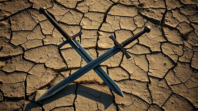 Two rusted longswords crossed and planted in cracked, dry earth.