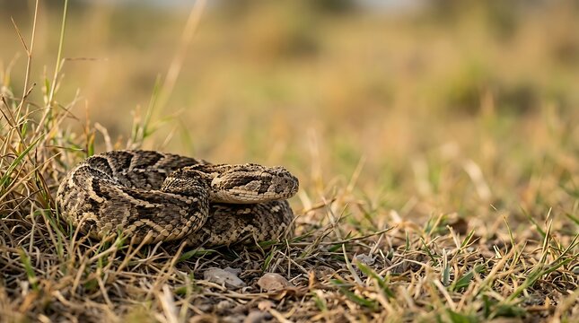 Venomous puff adder coiled in the dry savanna grass