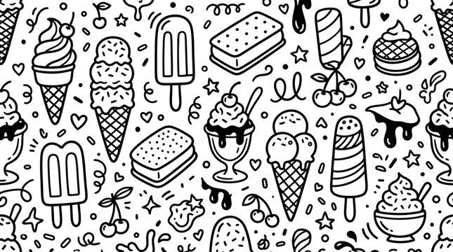 Colorful pattern of various ice cream treats and desserts on display