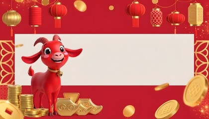 Fototapeta premium Festive Lunar New Year banner template with a cute red goat, traditional lanterns, and gold coins framing a blank horizontal copy space